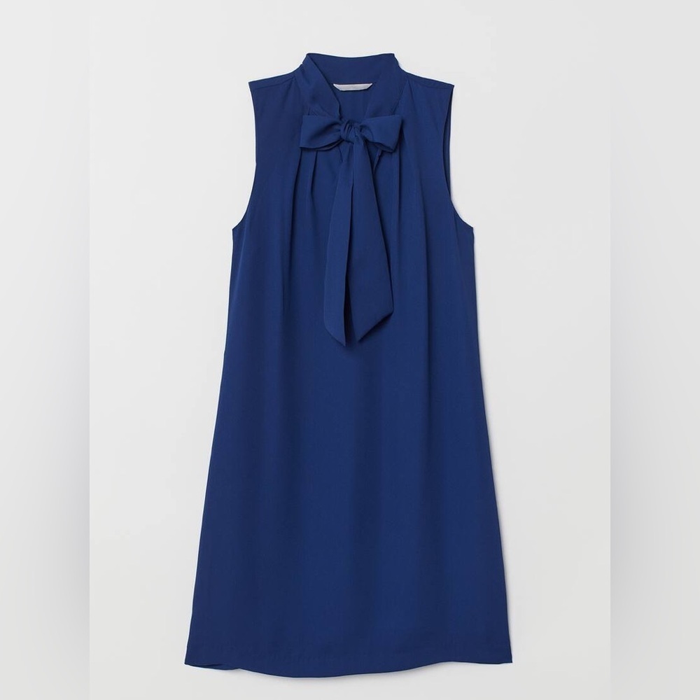 H&M Navy Blue Midi Dress 12 L Tied Bow Neck Short Sleeve Office Career Career